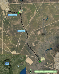Deployment locations of the two remote monitoring stations along the Tims Branch watershed.