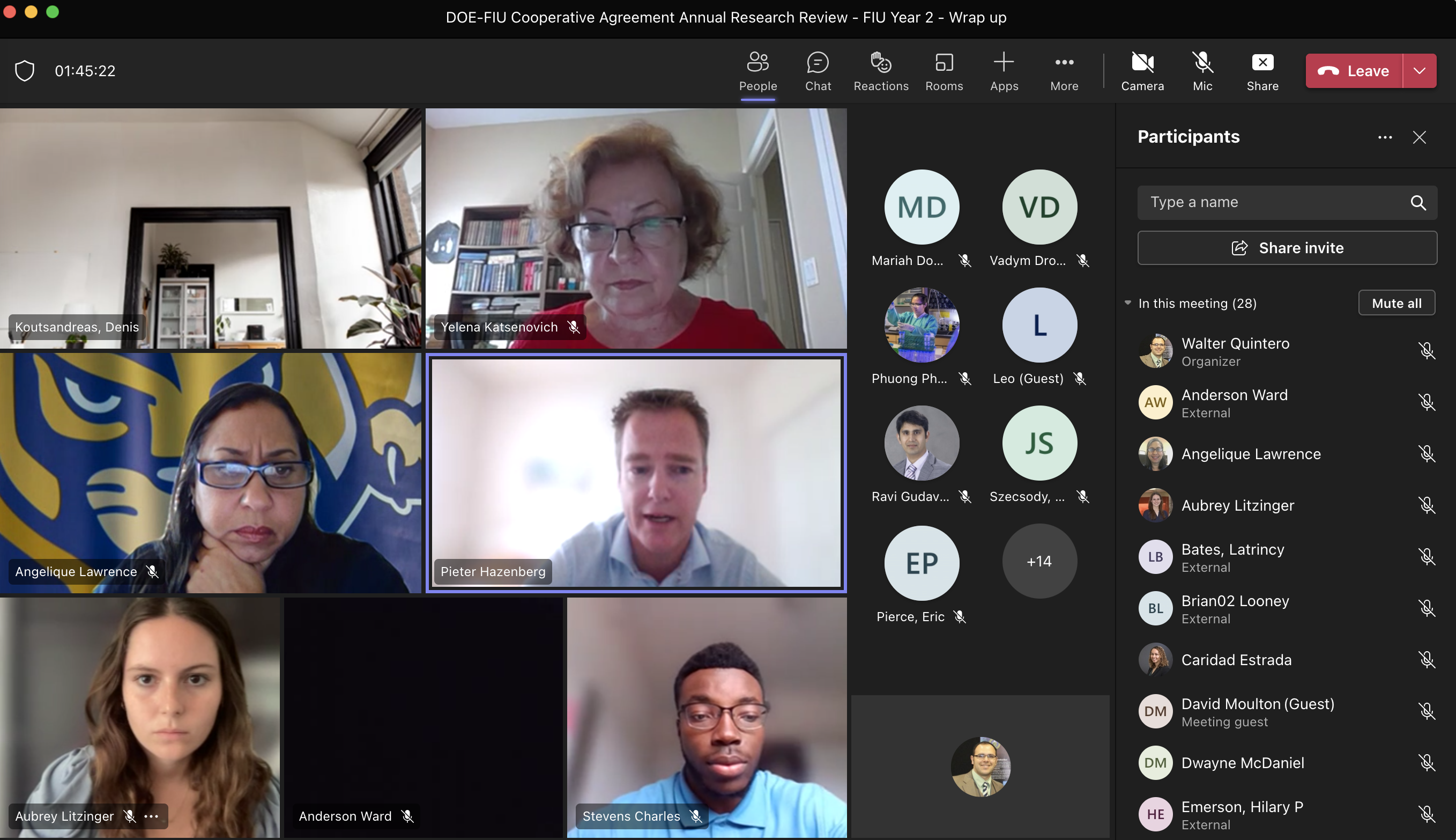 FIU’s Applied Research Center researchers and DOE Fellows participating virtually in the Annual Research Review (left to right): Top Row: Yelena Katsenovich; Middle Row: Angelique Lawrence, Pieter Hazenberg; Bottom Row: DOE Fellow Aubrey Litzinger, DOE Fellow, DOE Fellow Stevens Charles