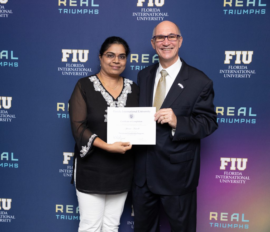 Dr. Aparna Aravelli with FIU President, Dr. Jessell at the FIU Presidential Leadership Program Cohort 2022 graduation ceremony.