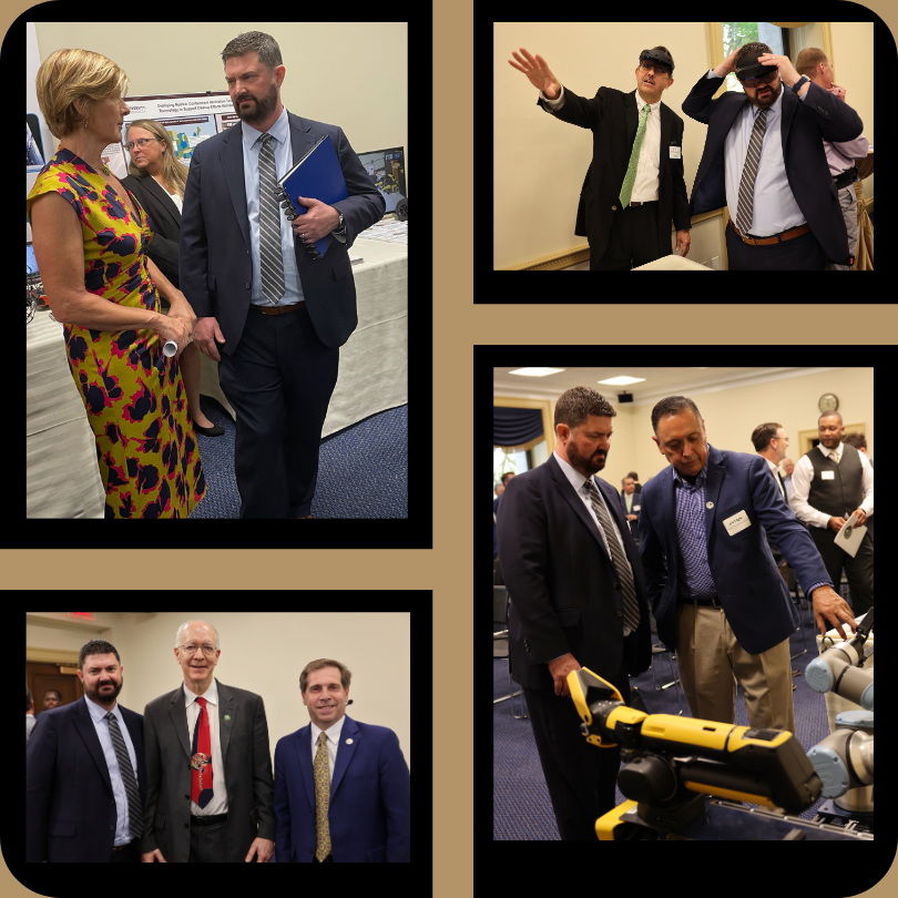 Dr. Leonel Lagos (pictures bottom right) pointing to FIU robotics technologies to a cleanup caucus attendee.